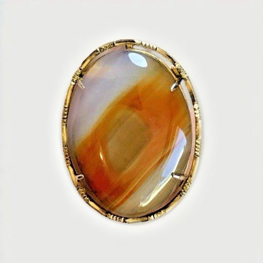 Vintage Banded Agate Stone Brooch Pendant Gold Tone Convertible Oval Cabochon